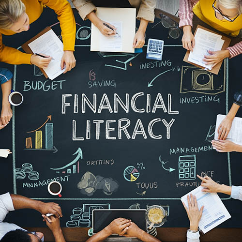 Chalkboard graphic with Financial Literacy text and lots of budget related images